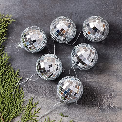 Silver Glass Mirror Disco Ball Hanging Ornaments 5cm - Pack of 6