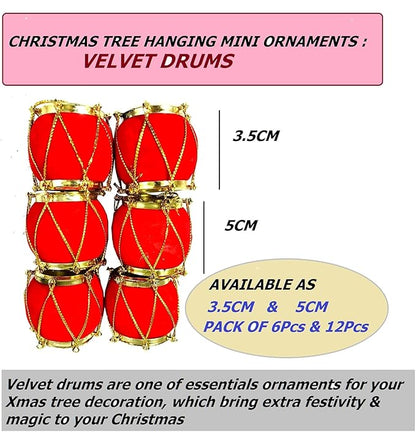 Red Gold Velvet Mini Drum Christmas Ornaments - Pack of 12