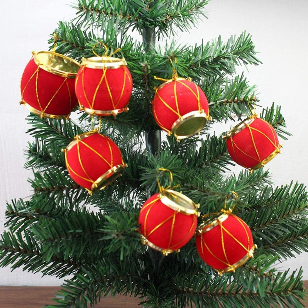 Red Gold Velvet Mini Drum Christmas Ornaments - Pack of 12