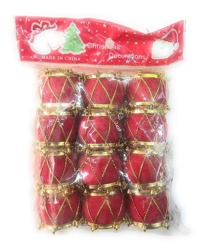 Red Gold Velvet Mini Drum Christmas Ornaments - Pack of 12