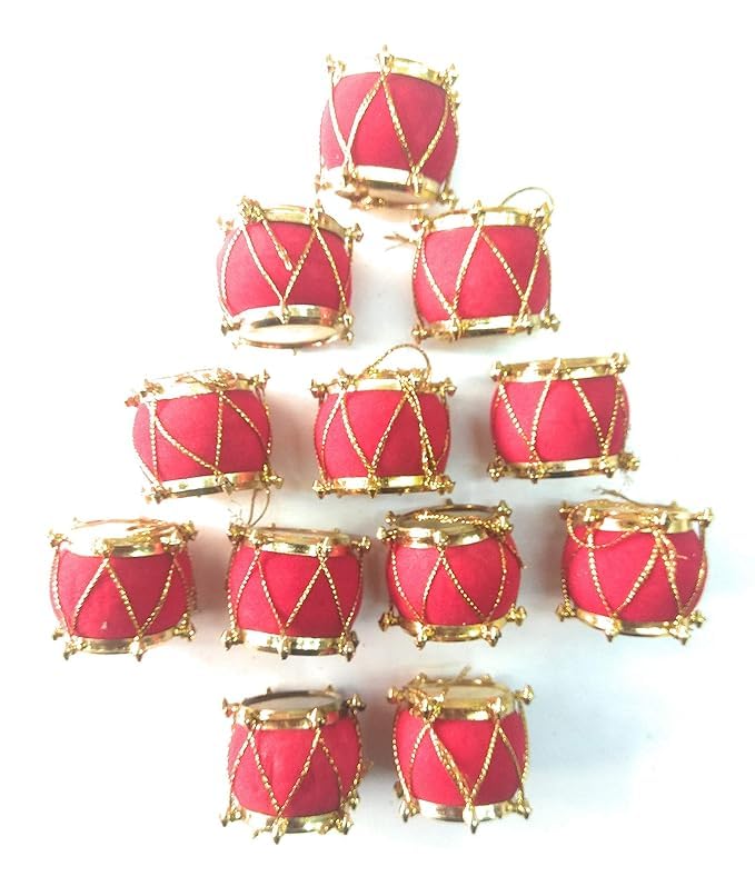 Red Gold Velvet Mini Drum Christmas Ornaments - Pack of 12
