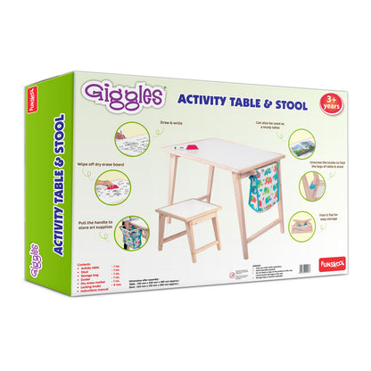 Funskool Giggles - Activity Table & Stool, Wooden Kids Study Table, Dry Erase Board,Studying and Storage, 3 Years & Above, Preschool Toys