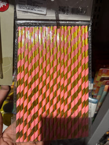Pink and Gold Striped Disposable Paper Straws