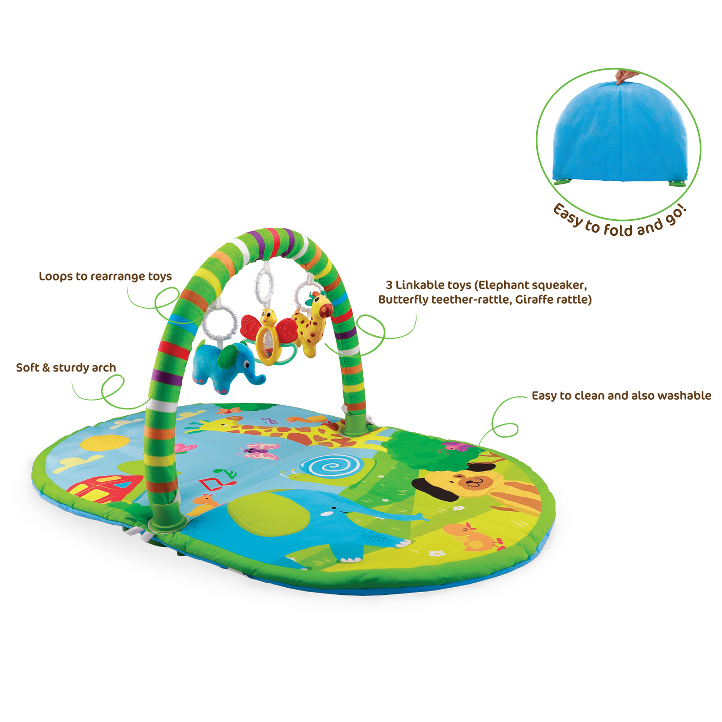 Giggles 3 in 1 Deluxe Play Gym Mat- Green