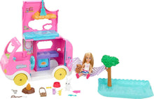 Barbie® Camper, Chelsea™ 2-in-1 Playset with Small Doll, 2 Pets & 15 Accessories, Vehicle Transforms into Camp Site
