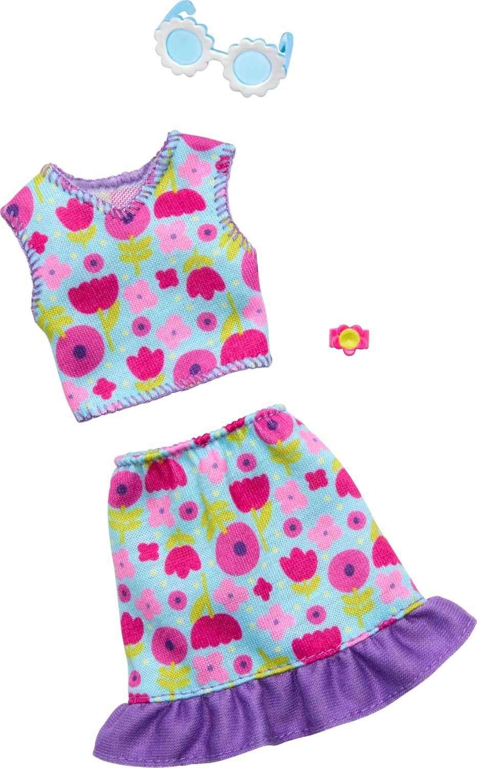 Barbie Clothes, Doll Fashions and Accessories Set Featuring 1 Complete Outfit with Floral Top, Skirt, Daisy Sunglasses, and Bracelet
