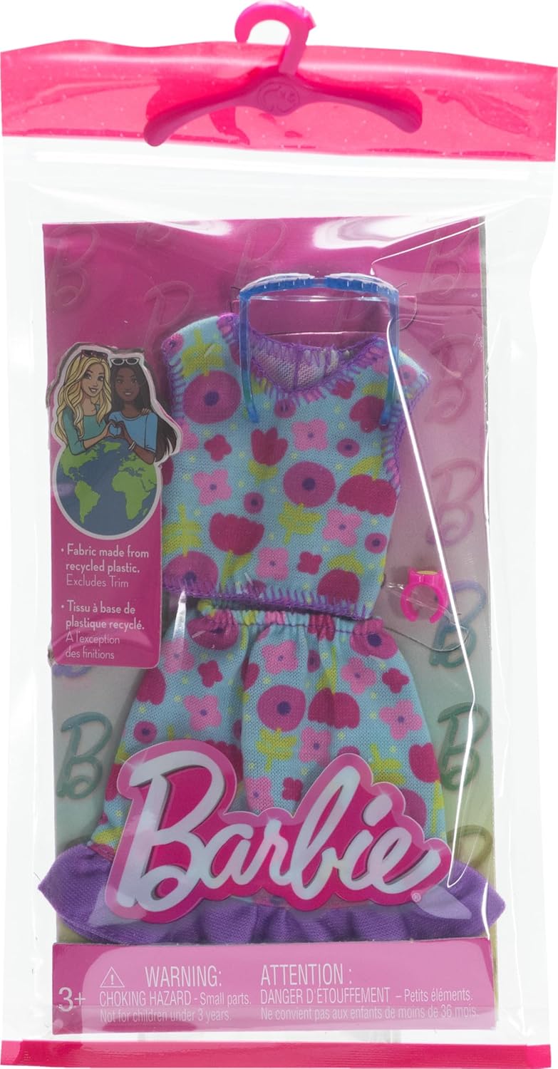 Barbie Clothes, Doll Fashions and Accessories Set Featuring 1 Complete Outfit with Floral Top, Skirt, Daisy Sunglasses, and Bracelet