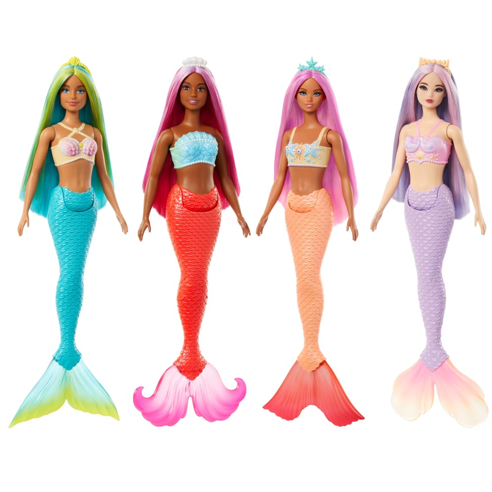 Barbie Mermaid Doll 4 with Fantasy Hair and Headband Accessories, Mermaid Toys with Shell-Inspired Bodices and Colorful Tails
