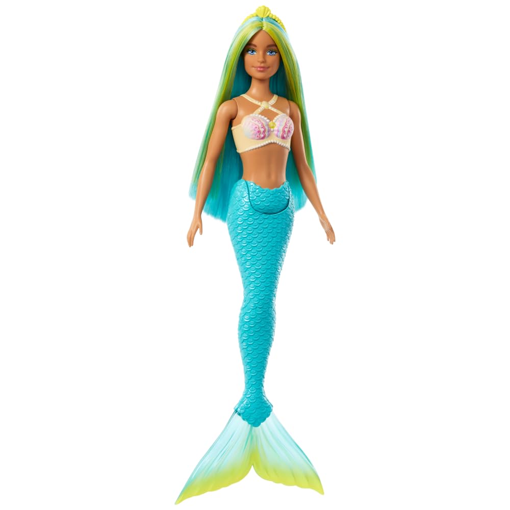 Barbie Mermaid Doll 4 with Fantasy Hair and Headband Accessories, Mermaid Toys with Shell-Inspired Bodices and Colorful Tails