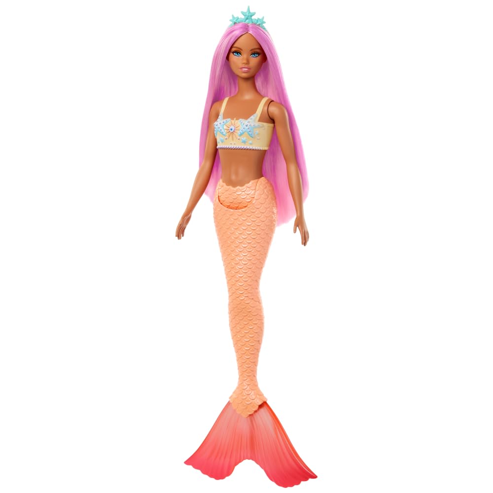 Barbie Mermaid Doll 4 with Fantasy Hair and Headband Accessories, Mermaid Toys with Shell-Inspired Bodices and Colorful Tails