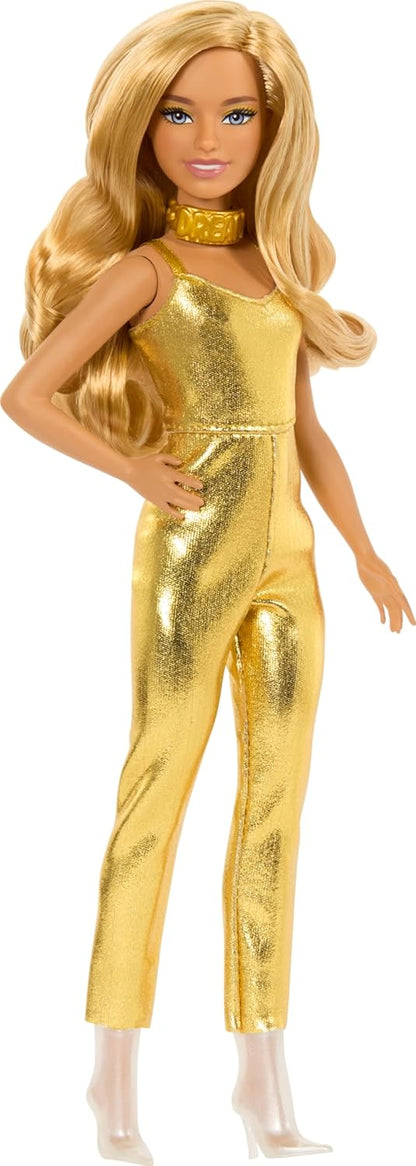 Barbie Fashionistas Doll #222, Petite Body Type with Blonde Wavy Hair, Golden Jumpsuit & Accessories, 65th Anniversary Collectible Fashion Doll