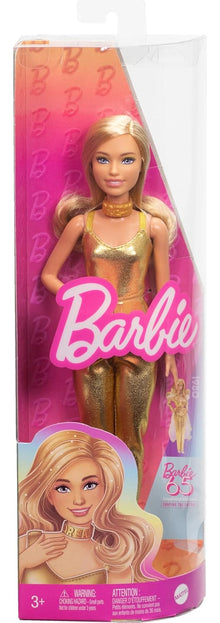 Barbie Fashionistas Doll #222, Petite Body Type with Blonde Wavy Hair, Golden Jumpsuit & Accessories, 65th Anniversary Collectible Fashion Doll