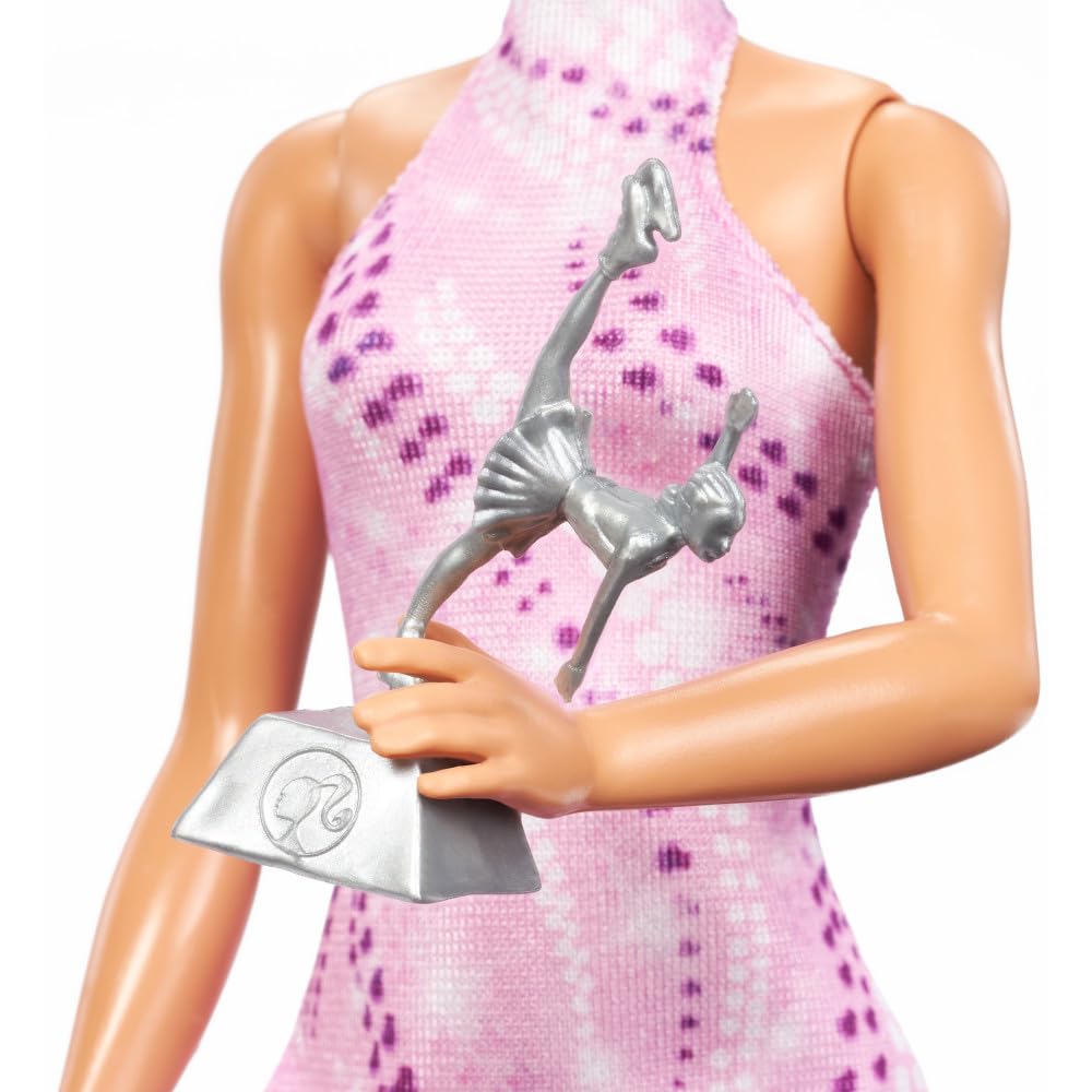 Barbie Careers Fashion Doll & Accessories, Brunette in Removable Pink Skate Outfit with Ice Skates & Trophy