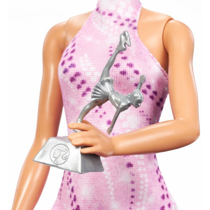 Barbie Careers Fashion Doll & Accessories, Brunette in Removable Pink Skate Outfit with Ice Skates & Trophy