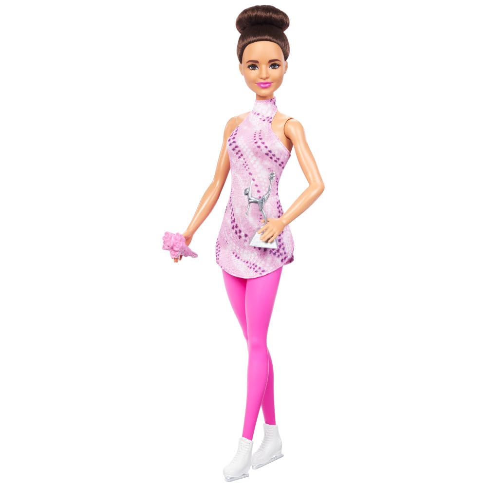 Barbie Careers Fashion Doll & Accessories, Brunette in Removable Pink Skate Outfit with Ice Skates & Trophy