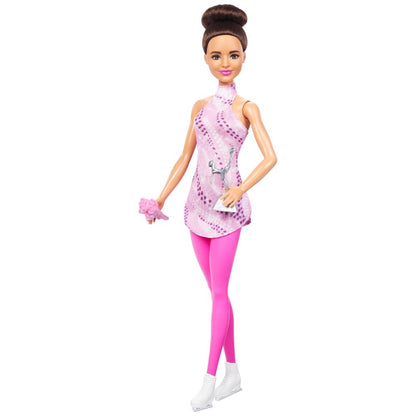 Barbie Careers Fashion Doll & Accessories, Brunette in Removable Pink Skate Outfit with Ice Skates & Trophy