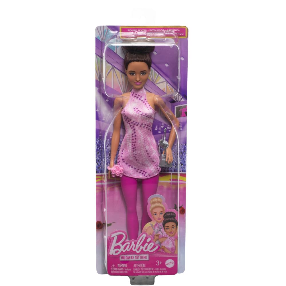Barbie Careers Fashion Doll & Accessories, Brunette in Removable Pink Skate Outfit with Ice Skates & Trophy