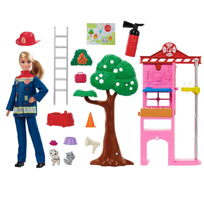 Barbie Careers Firefighter Doll & Playset with Fire Station & Tree, 2 Pets, Color-Change & 10+ Accessories Including Fire Extinguisher Squirt Toy