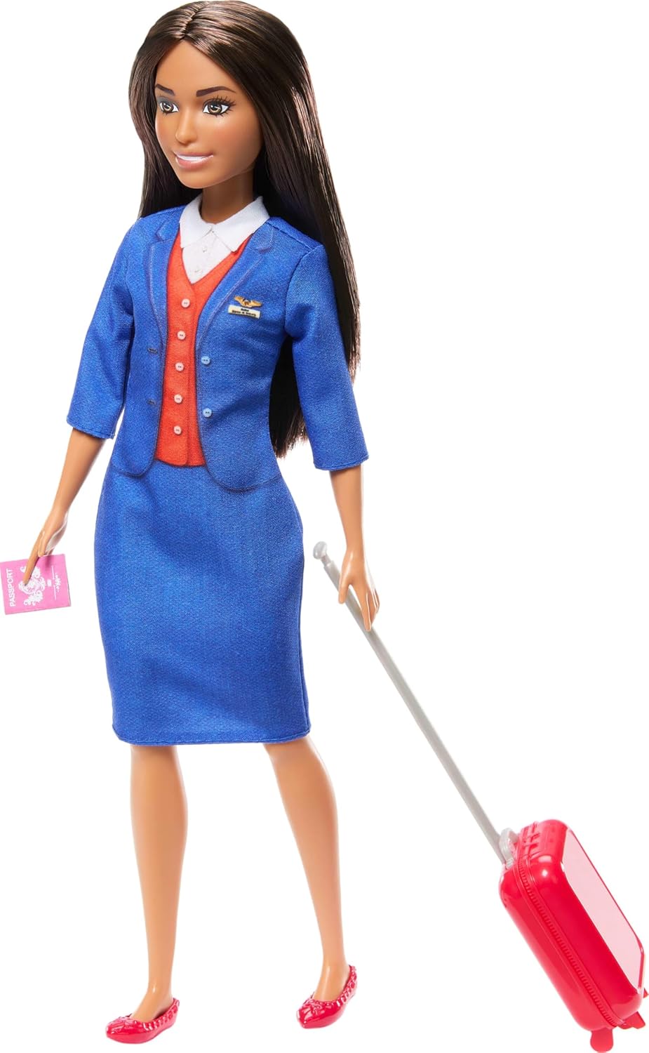 Barbie Flight Attendant Brunette Fashion Doll in Removable Blue Uniform, Includes Rolling Luggage Suitcase, Headphones, and Passport Accessories