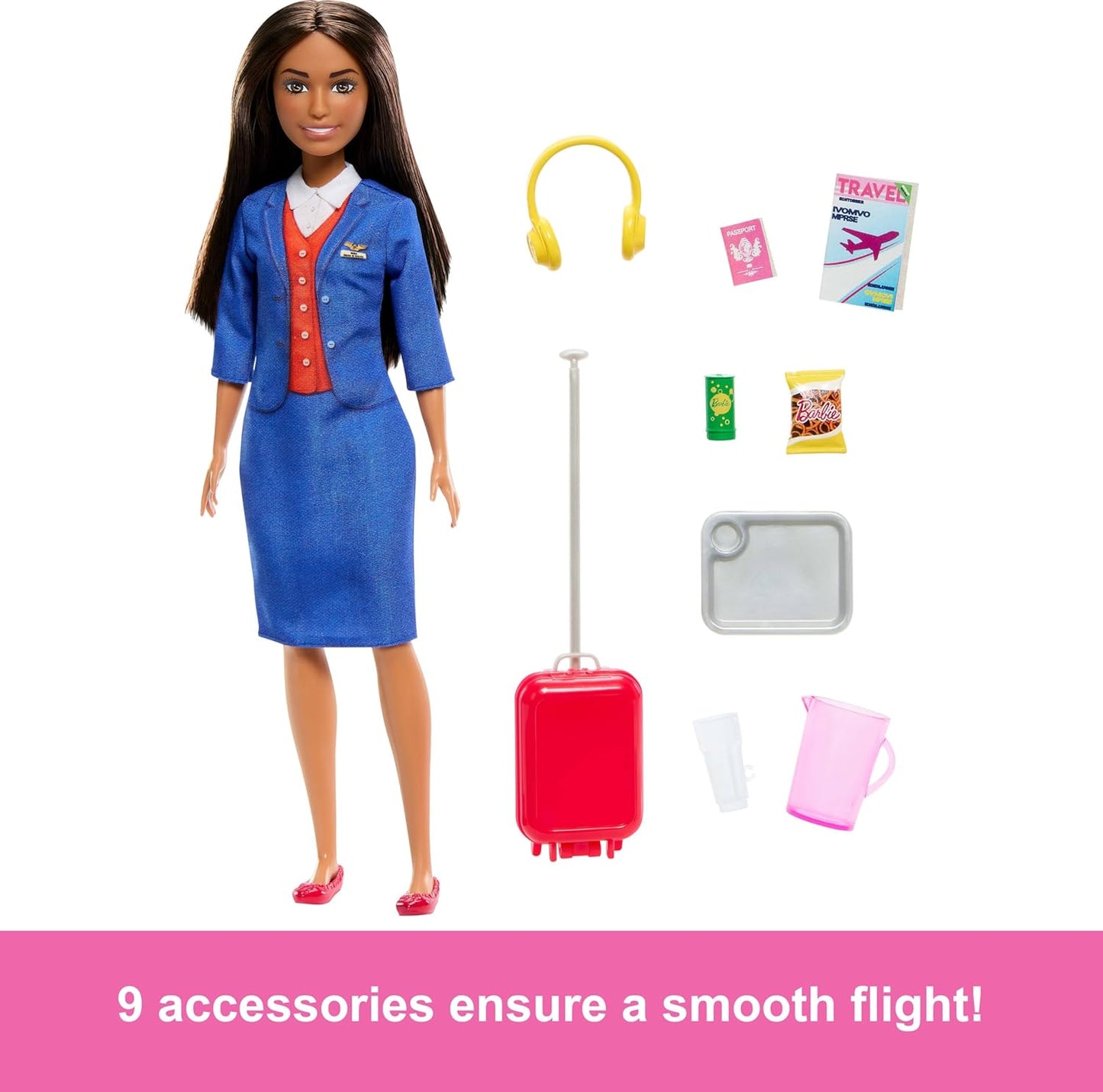 Barbie Flight Attendant Brunette Fashion Doll in Removable Blue Uniform, Includes Rolling Luggage Suitcase, Headphones, and Passport Accessories