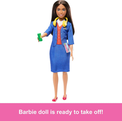Barbie Flight Attendant Brunette Fashion Doll in Removable Blue Uniform, Includes Rolling Luggage Suitcase, Headphones, and Passport Accessories