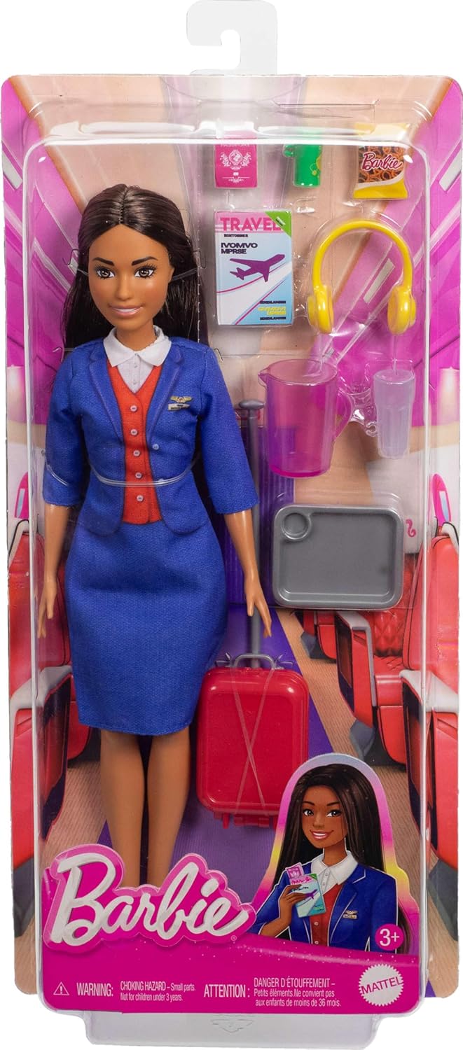 Barbie Flight Attendant Brunette Fashion Doll in Removable Blue Uniform, Includes Rolling Luggage Suitcase, Headphones, and Passport Accessories