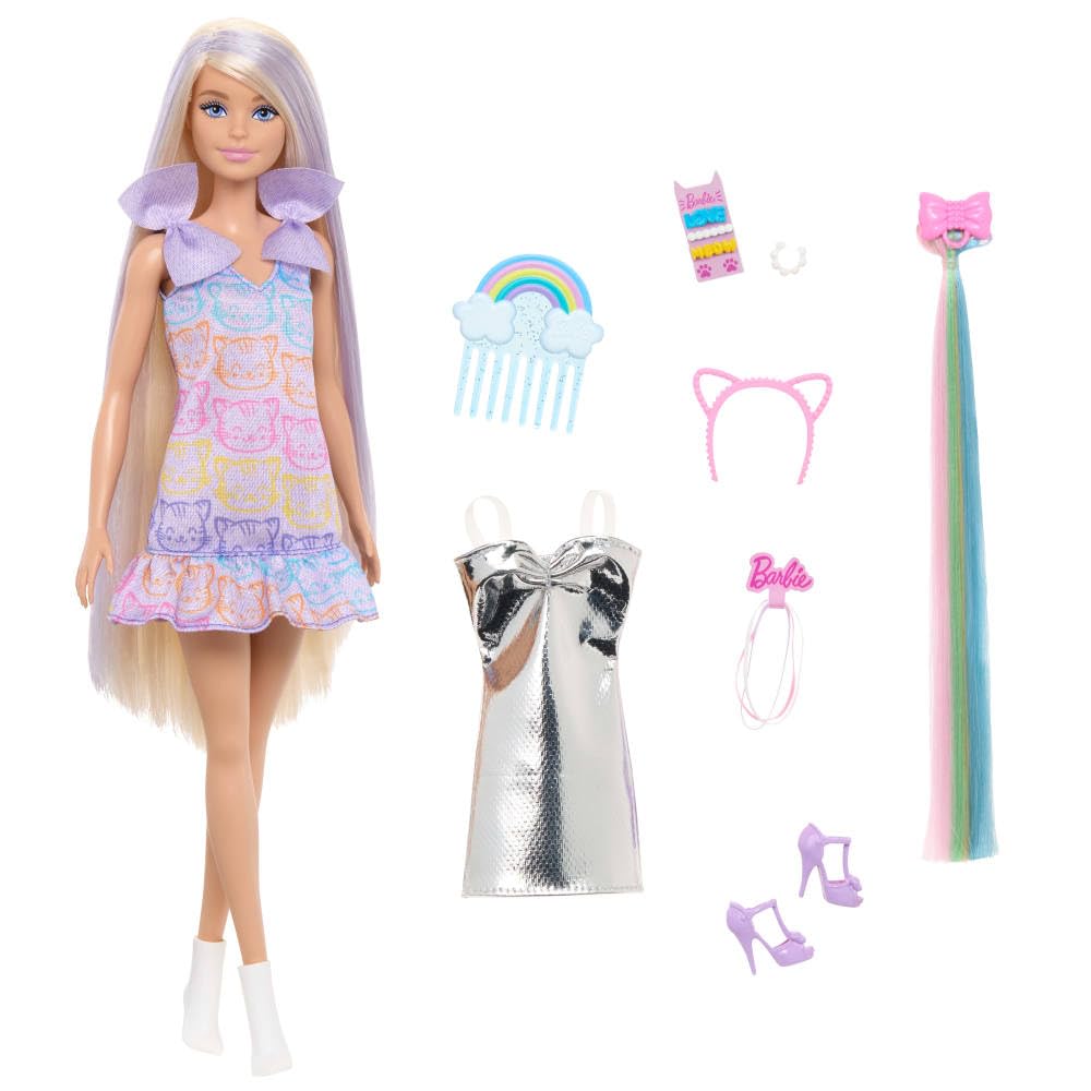 Barbie Fun & Fancy Doll & Accessories, Blonde Fashion Doll with Extra-Long Hair & 2 Looks, Including Silver Metallic Dress & Hair Extension