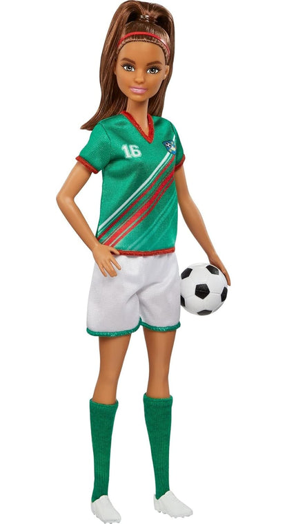 Barbie® Soccer Doll, Brunette Ponytail, Colorful #16 Uniform, Soccer Ball, Cleats, Tall Socks, Great Sports-Inspired Gift for Ages 3 and Up
