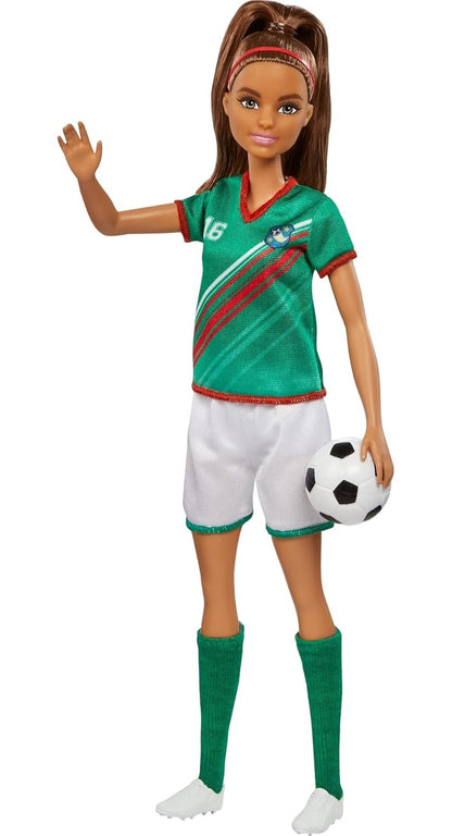 Barbie® Soccer Doll, Brunette Ponytail, Colorful #16 Uniform, Soccer Ball, Cleats, Tall Socks, Great Sports-Inspired Gift for Ages 3 and Up