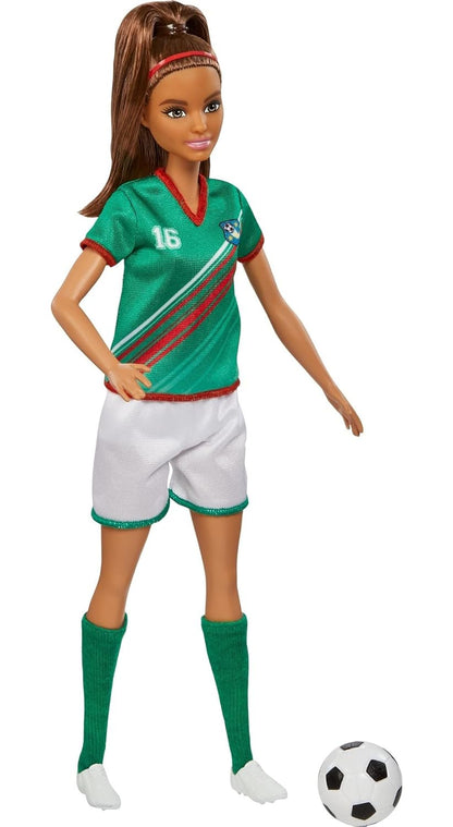 Barbie® Soccer Doll, Brunette Ponytail, Colorful #16 Uniform, Soccer Ball, Cleats, Tall Socks, Great Sports-Inspired Gift for Ages 3 and Up