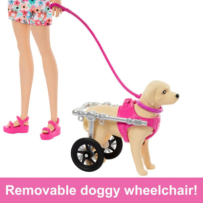 Barbie HTK37 Doll Set with 2 Dog Figurines, Removable Trolley, Functional Wheels, 10 Pieces, Animal Accessories Included, Children's Toy, From 3 Years,