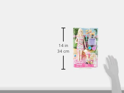 Barbie HTK37 Doll Set with 2 Dog Figurines, Removable Trolley, Functional Wheels, 10 Pieces, Animal Accessories Included, Children's Toy, From 3 Years,