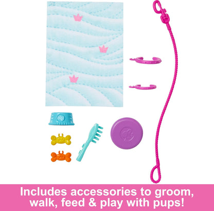 Barbie HTK37 Doll Set with 2 Dog Figurines, Removable Trolley, Functional Wheels, 10 Pieces, Animal Accessories Included, Children's Toy, From 3 Years,