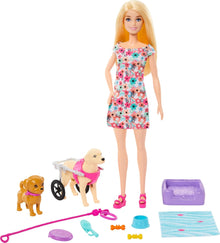 Barbie HTK37 Doll Set with 2 Dog Figurines, Removable Trolley, Functional Wheels, 10 Pieces, Animal Accessories Included, Children's Toy, From 3 Years,