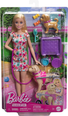 Barbie HTK37 Doll Set with 2 Dog Figurines, Removable Trolley, Functional Wheels, 10 Pieces, Animal Accessories Included, Children's Toy, From 3 Years,