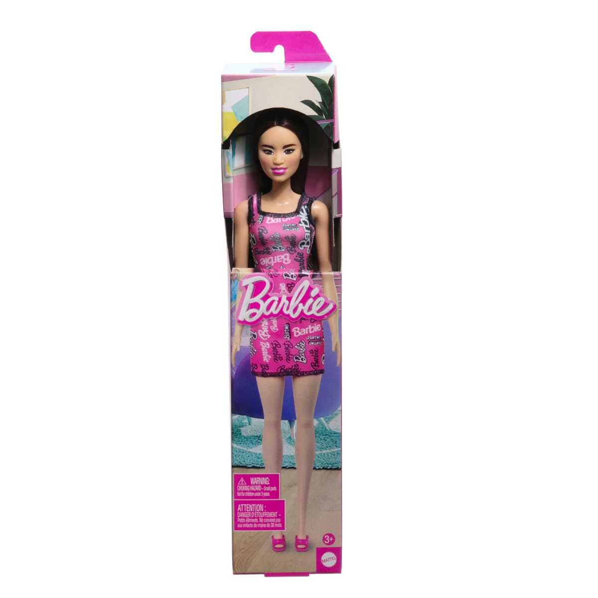 Barbie Fashion Doll with Straight Brown Hair Wearing Removable Light Pink Tank Dress with Logo Print & Shoes