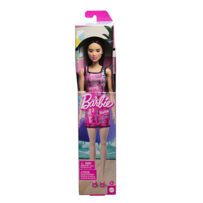 Barbie Fashion Doll with Straight Brown Hair Wearing Removable Light Pink Tank Dress with Logo Print & Shoes