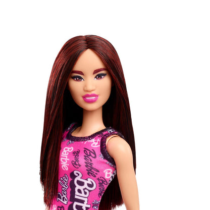 Barbie Fashion Doll with Straight Brown Hair Wearing Removable Light Pink Tank Dress with Logo Print & Shoes