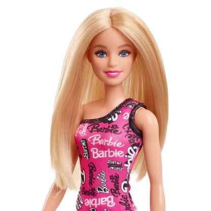 Barbie Fashion Doll with Straight Brown Hair Wearing Removable Light Pink Tank Dress with Logo Print & Shoes