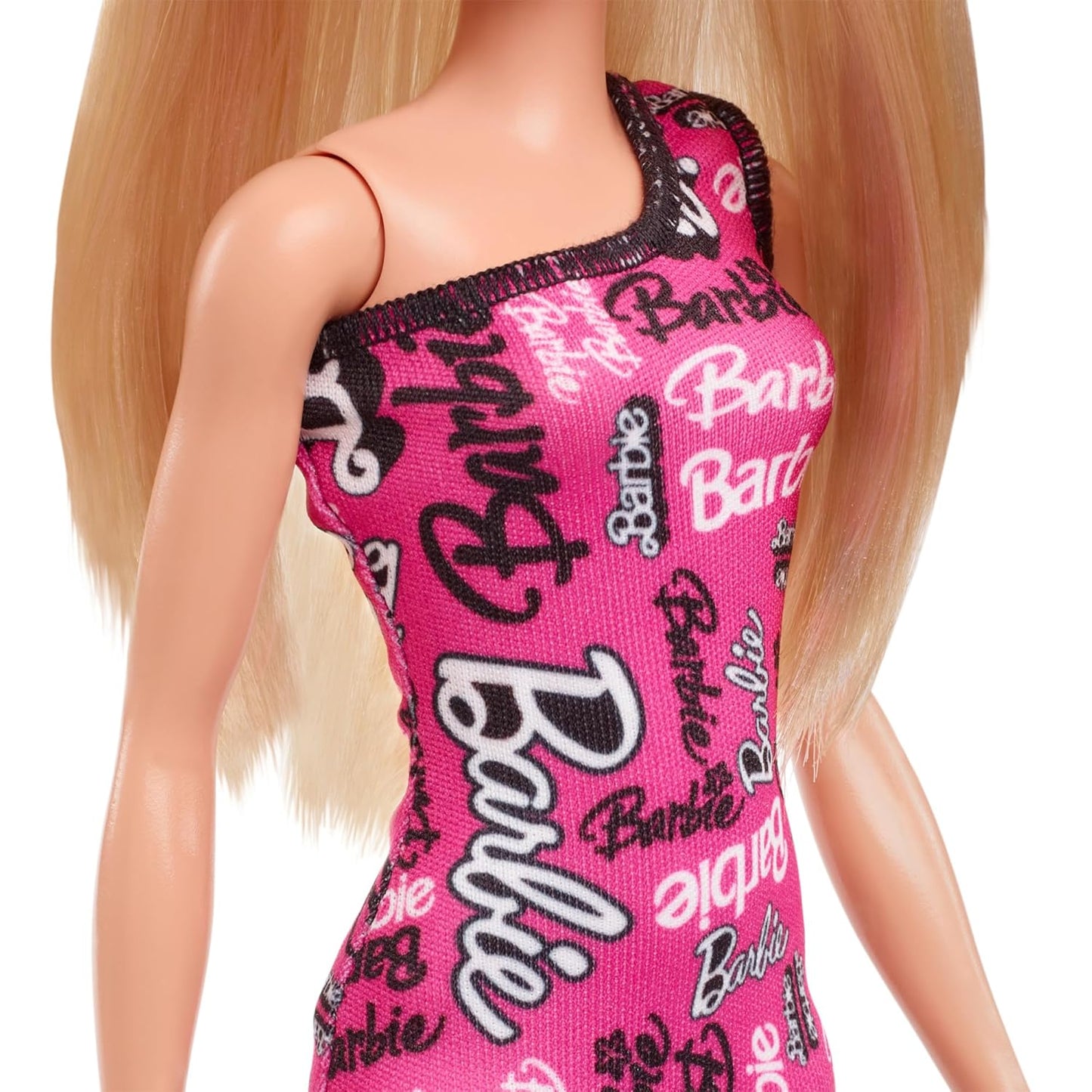Barbie Fashion Doll with Straight Brown Hair Wearing Removable Light Pink Tank Dress with Logo Print & Shoes