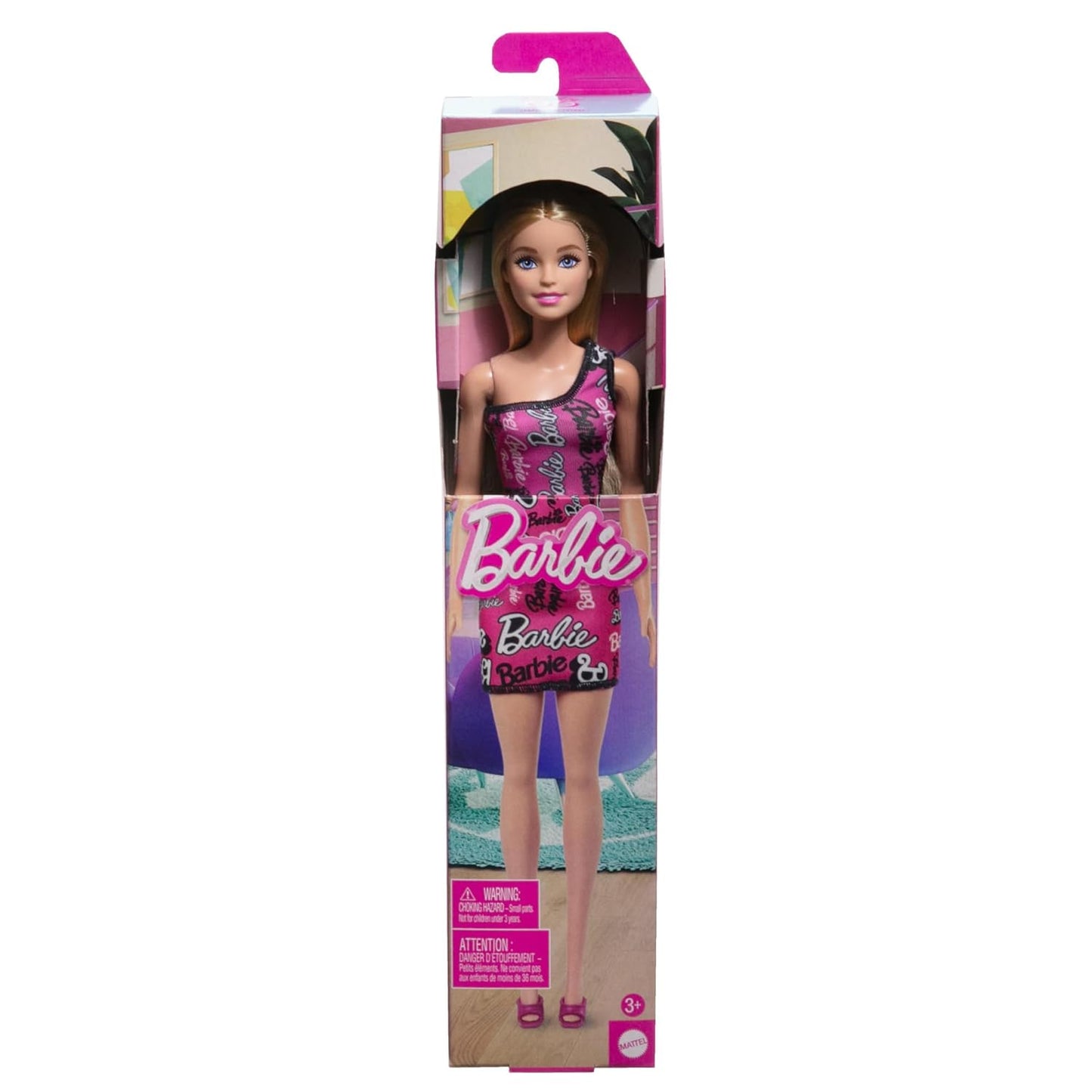Barbie Fashion Doll with Straight Brown Hair Wearing Removable Light Pink Tank Dress with Logo Print & Shoes