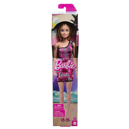 Barbie Fashion Doll with Straight Brown Hair Wearing Removable Light Pink Tank Dress with Logo Print & Shoes