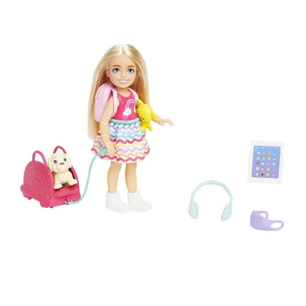 Barbie Toys, Chelsea Doll and Accessories, Travel Set with Puppy and 6 Pieces Including Pet Carrier