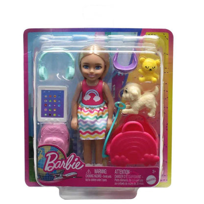 Barbie Toys, Chelsea Doll and Accessories, Travel Set with Puppy and 6 Pieces Including Pet Carrier