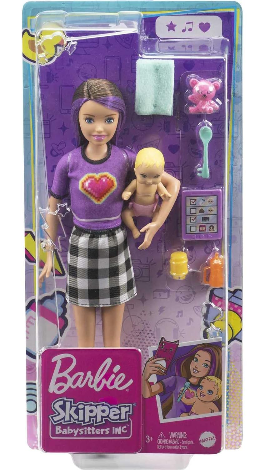 Barbie Dolls and Accessories, Brunette Skipper™ Doll with Baby Figure and 5 Accessories, Babysitters Inc.™ Playset