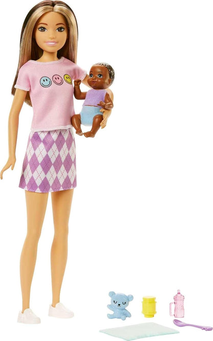 Barbie Dolls and Accessories, Brunette Skipper™ Doll with Baby Figure and 5 Accessories, Babysitters Inc.™ Playset