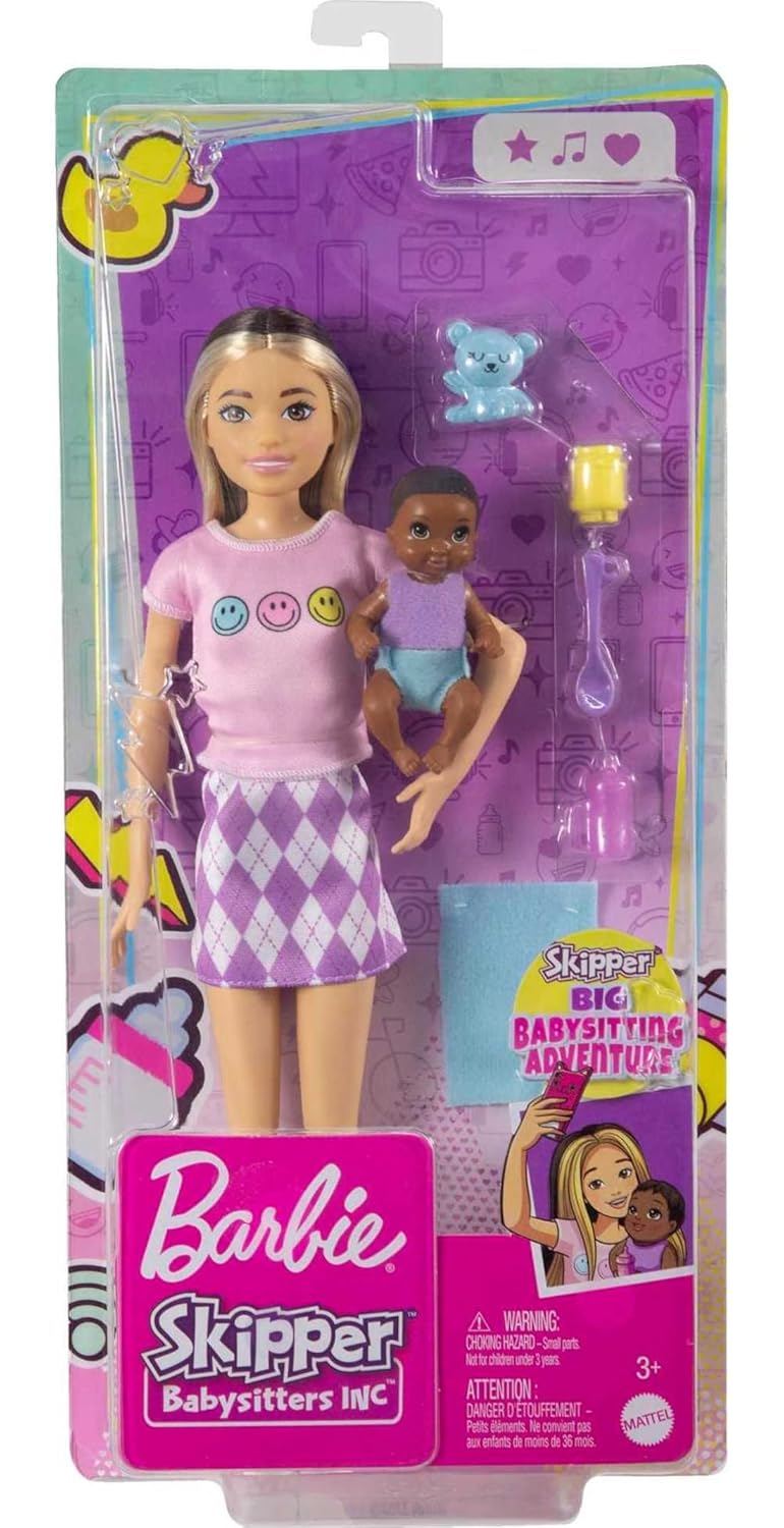 Barbie Dolls and Accessories, Brunette Skipper™ Doll with Baby Figure and 5 Accessories, Babysitters Inc.™ Playset