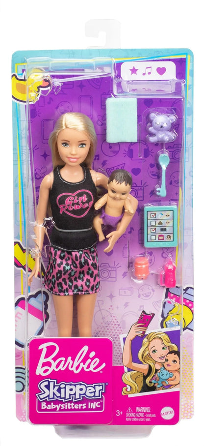 Barbie Dolls and Accessories, Brunette Skipper™ Doll with Baby Figure and 5 Accessories, Babysitters Inc.™ Playset
