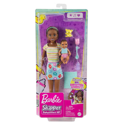 Barbie Dolls and Accessories, Brunette Skipper™ Doll with Baby Figure and 5 Accessories, Babysitters Inc.™ Playset