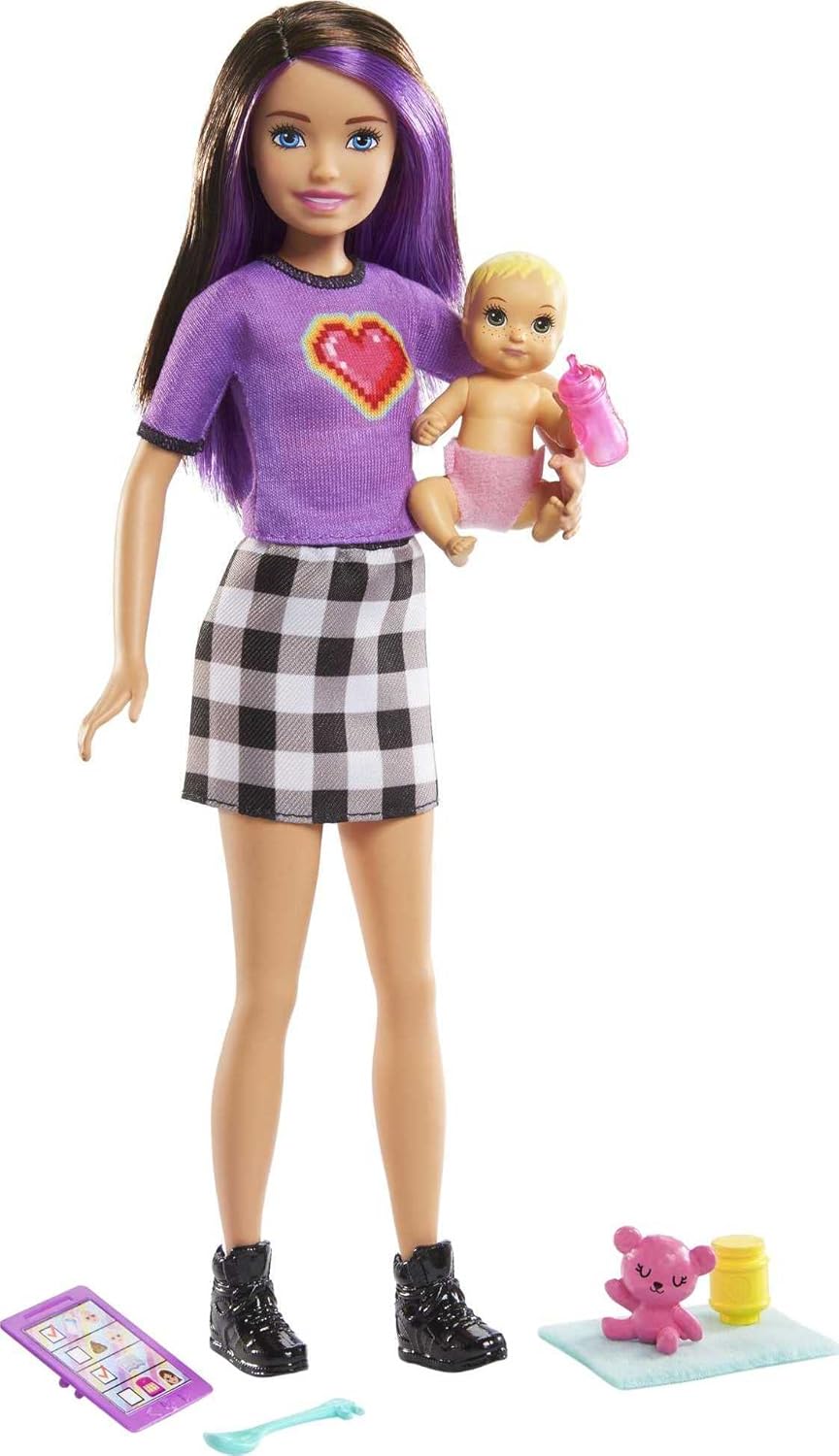Barbie Dolls and Accessories, Brunette Skipper™ Doll with Baby Figure and 5 Accessories, Babysitters Inc.™ Playset